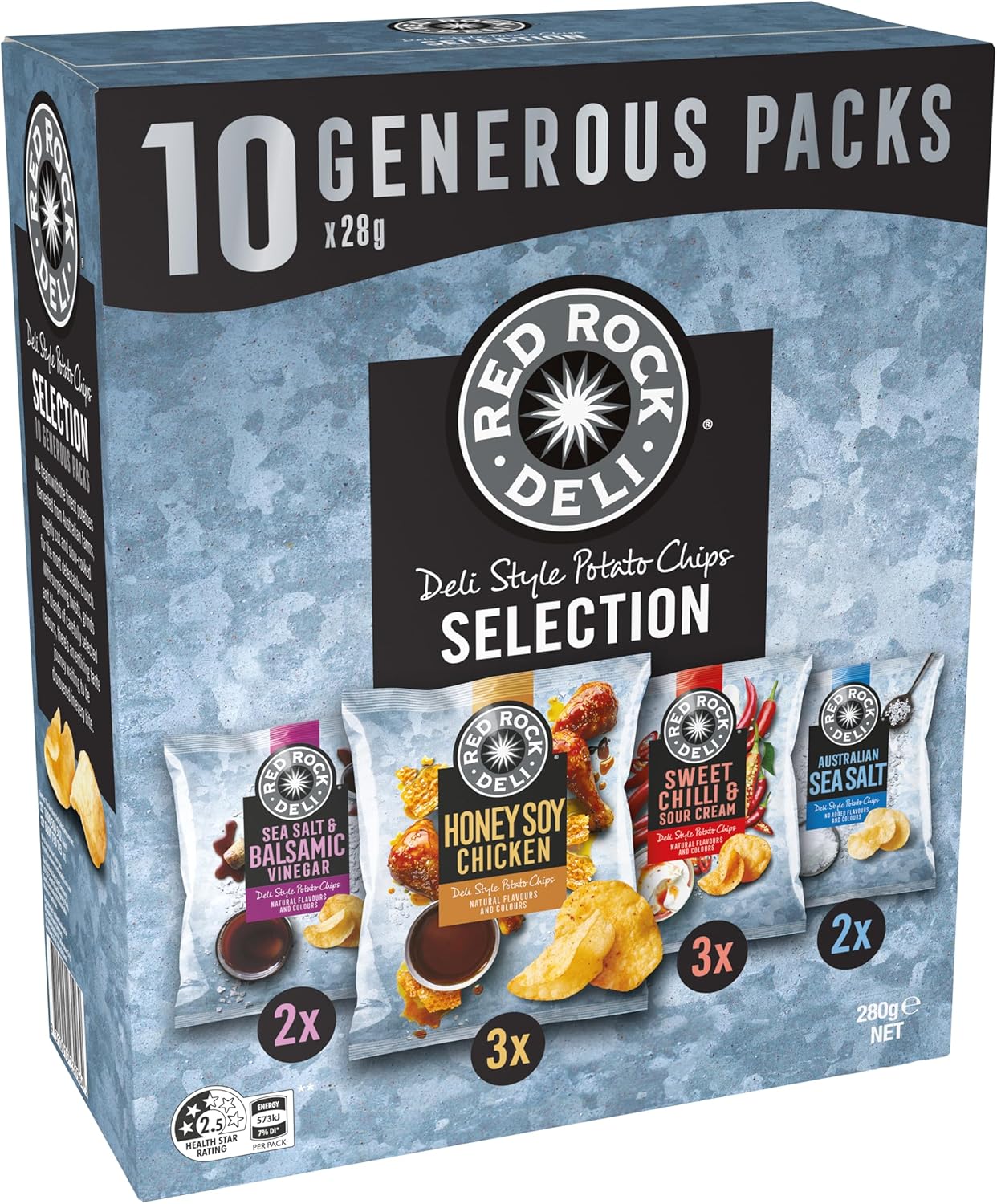 Red Rock Deli Potato Chips Lunchbox Multipack (Sea Salt & Balsamic Vinegar, Honey Soy Chicken, Sweet Chilli & Sour Cream, Sea Salt) 10 Pack